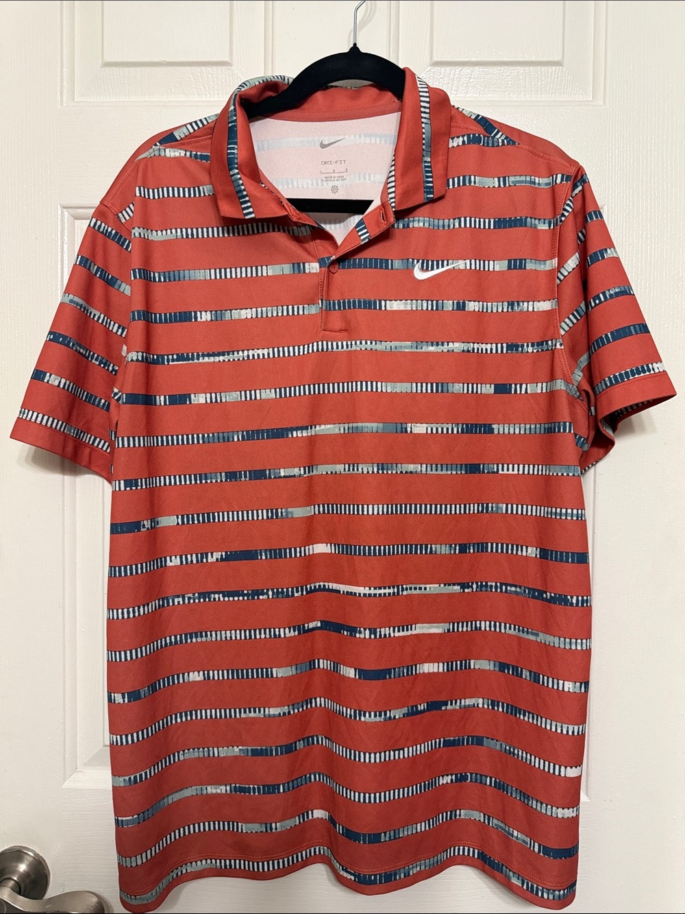 Nike Coral Red Striped Dri-FIT Polo with Navy & White Accents